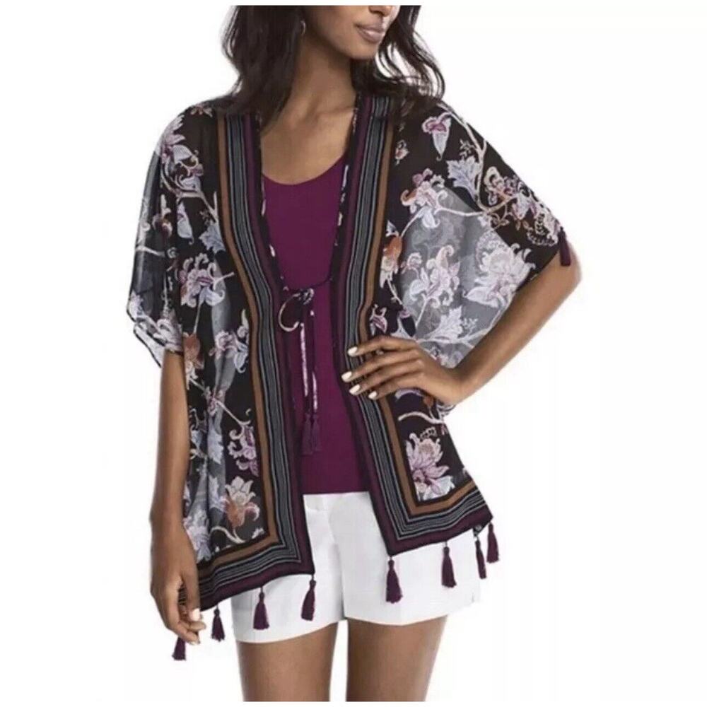WHBM Purple Floral Fringe Kimono Women Sz‎ XS White House Black Market Sheer Tie